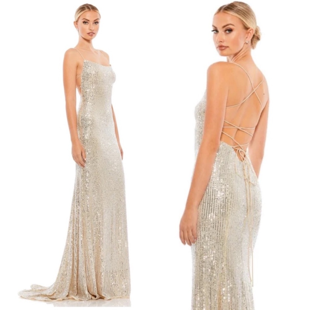 Mac Duggal Leena Stretch Sequin Lace up Back Evening Gown Maxi Dress Size 6